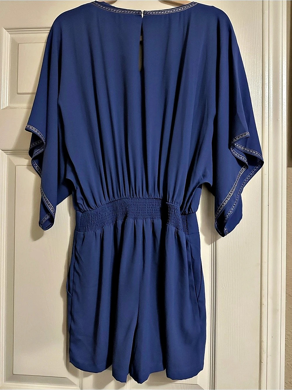 White House Black Market Blue Embroidered Kimono Sleeve Romper Blue Size 4 - Picture 2 of 8